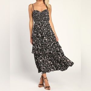 Lulu’s Cascading Crush Black Floral Print Tiered Bustier Dress